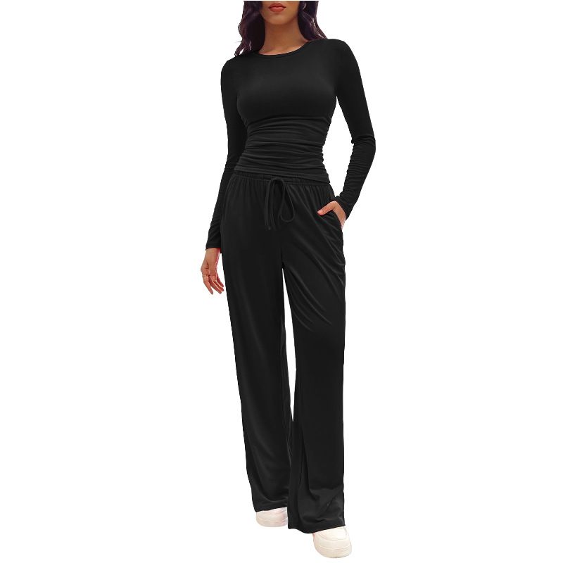 Elegante completo composto da top e pantaloni a maniche lunghe – Tessuto in morbida seta di latte – Versatile outfit da ufficio e casual – Abbigliamento da casa da donna traspirante e confortevole_voghion.com