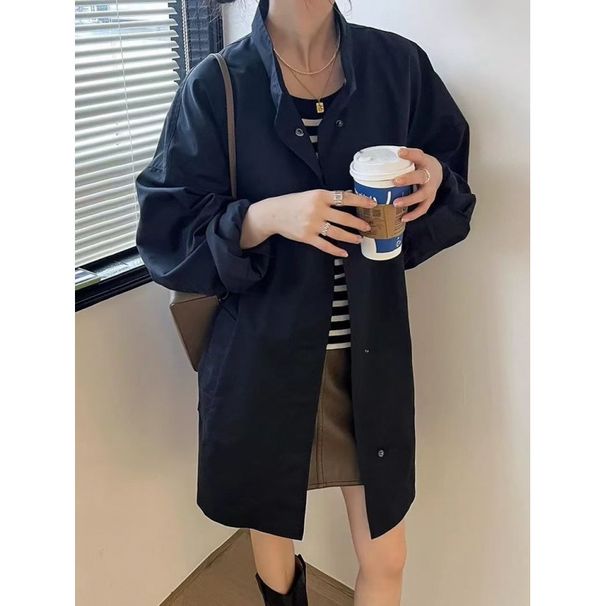 Trench-coat mi-long à col montant, style rétro chic coréen, idéal pour le printemps et l'automne. Coupe ample et décontractée. Manches longues._voghion.com