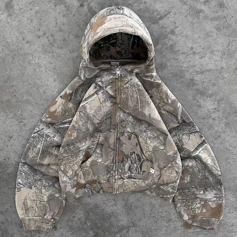 American High Street Washed Camouflage Maple Leaf Hoodie Unisex Frühling Herbst Neue Kapuzenpullover Strickjacke_voghion.com