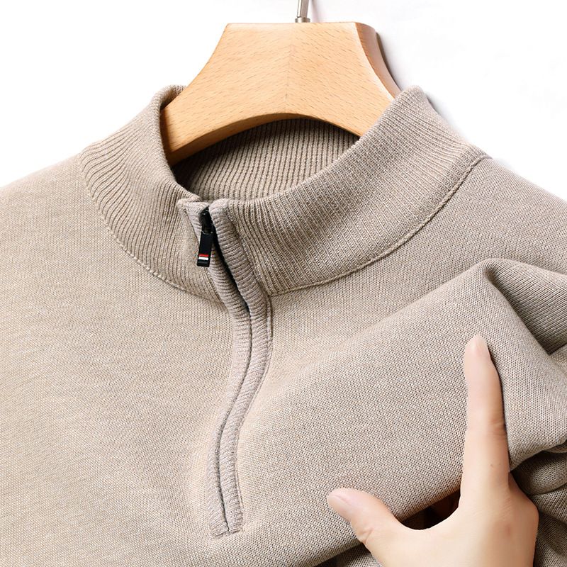 Men's Clothing New Autumn and Winter Men's Velvet Half Zip Pullover Sweater Trendy Simple Handsome Half High Collar Long Sleeved Sweater_voghion.com