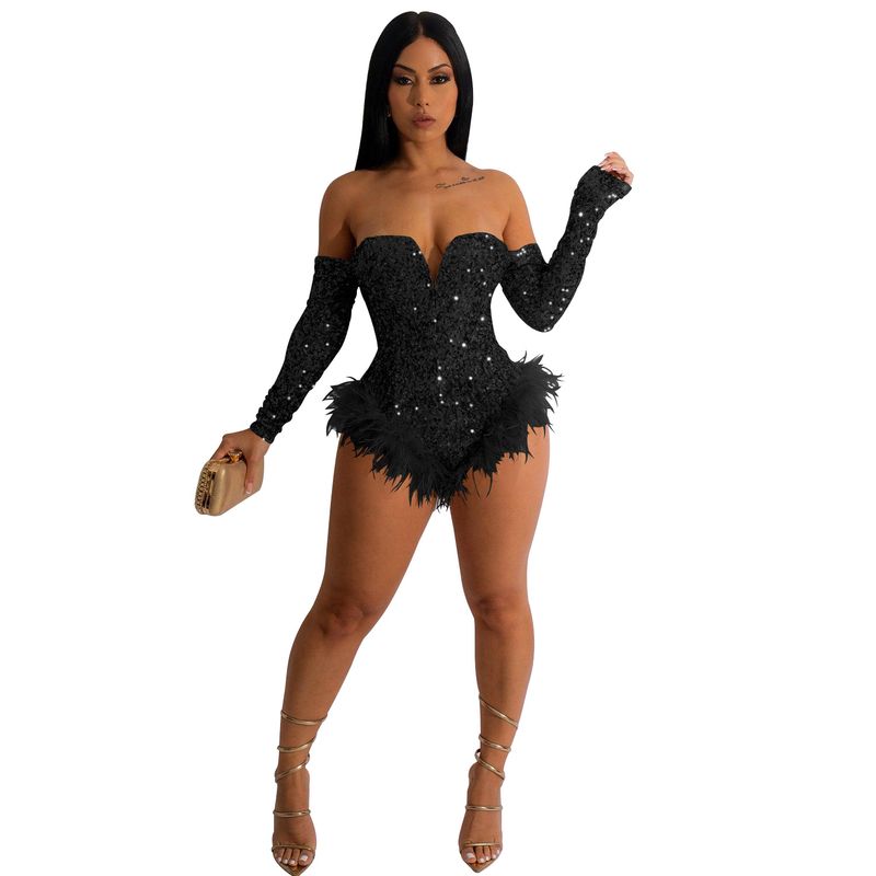 Damen-Jumpsuit mit einfarbigen Perlen und langen Ärmeln und Shorts_voghion.com