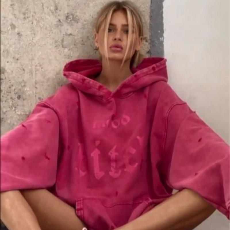 Women's Clothing Retro washed and distressed hooded sweatshirt high street loose casual tattered tops_voghion.com