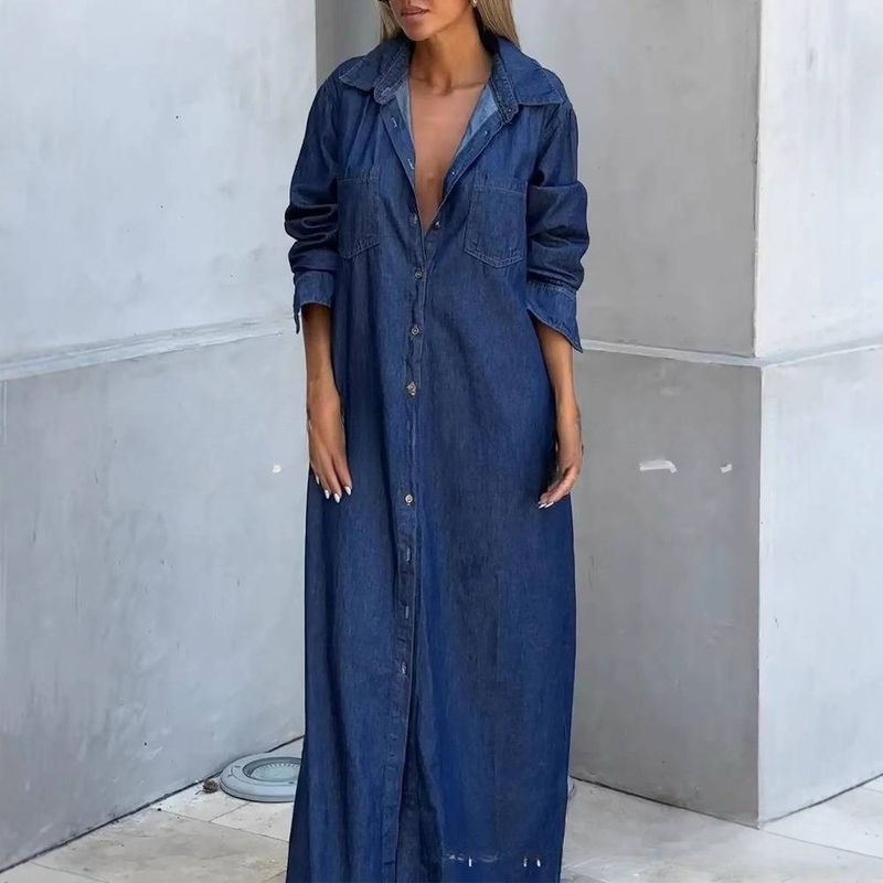 Women's Clothing Spring And Summer New Women's Lapel Cardigan Long Sleeve Denim Long Skirt Women_voghion.com
