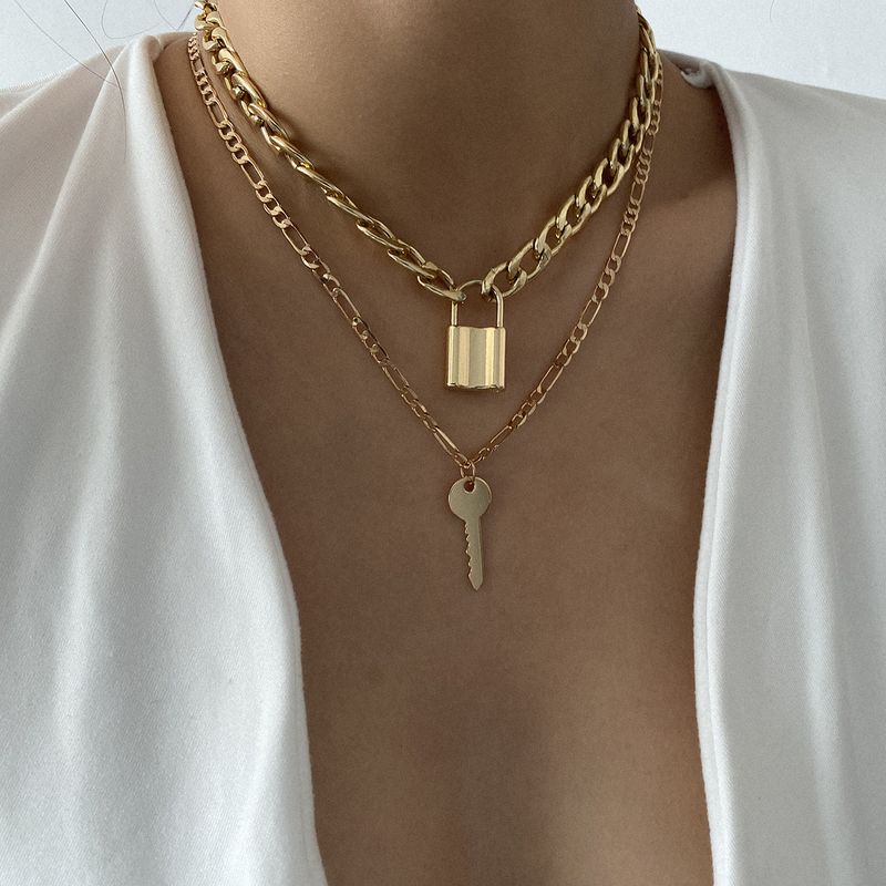 Bijoux simple collier pendentif serrure à clé à la mode, collier chaîne double couche minoritaire, femme_voghion.com