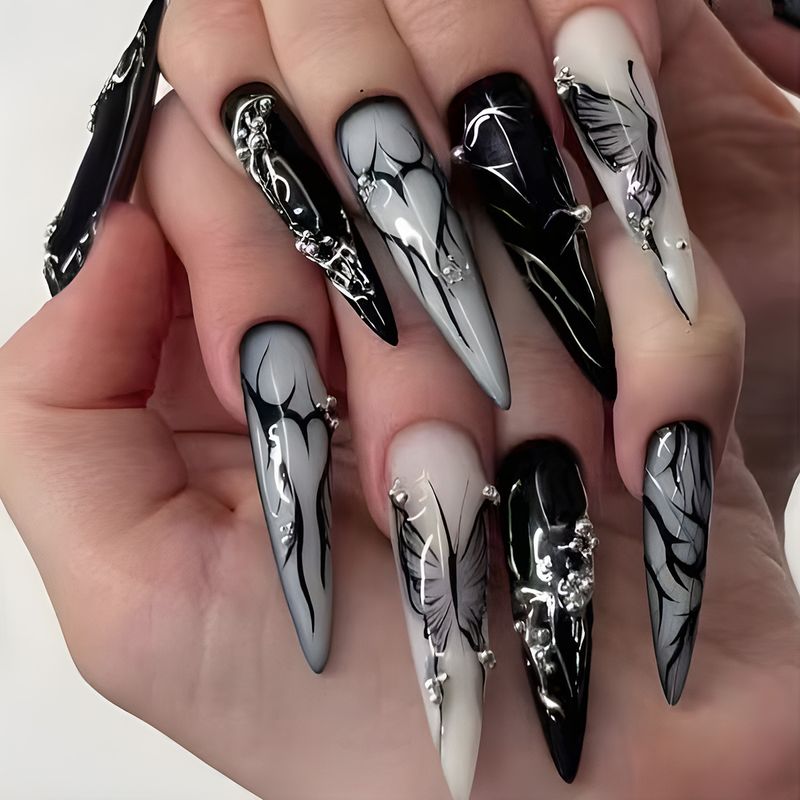 Gothic Punk Style Press-On Nails With Heart & Butterfly Designs - Long Stiletto Fake Nails For Women, Glue & Gel Adhesive Options_voghion.com