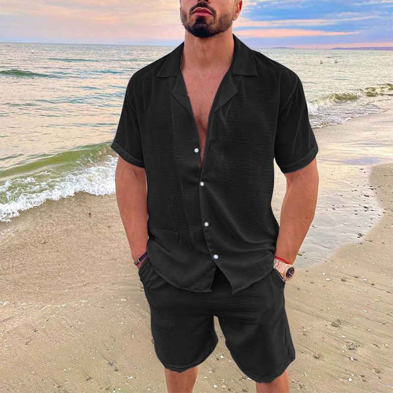 Herrenbekleidung Herren Sommer Revers Baumwolle Leinen Einfarbig Kurzarm Shorts Anzug_voghion.com