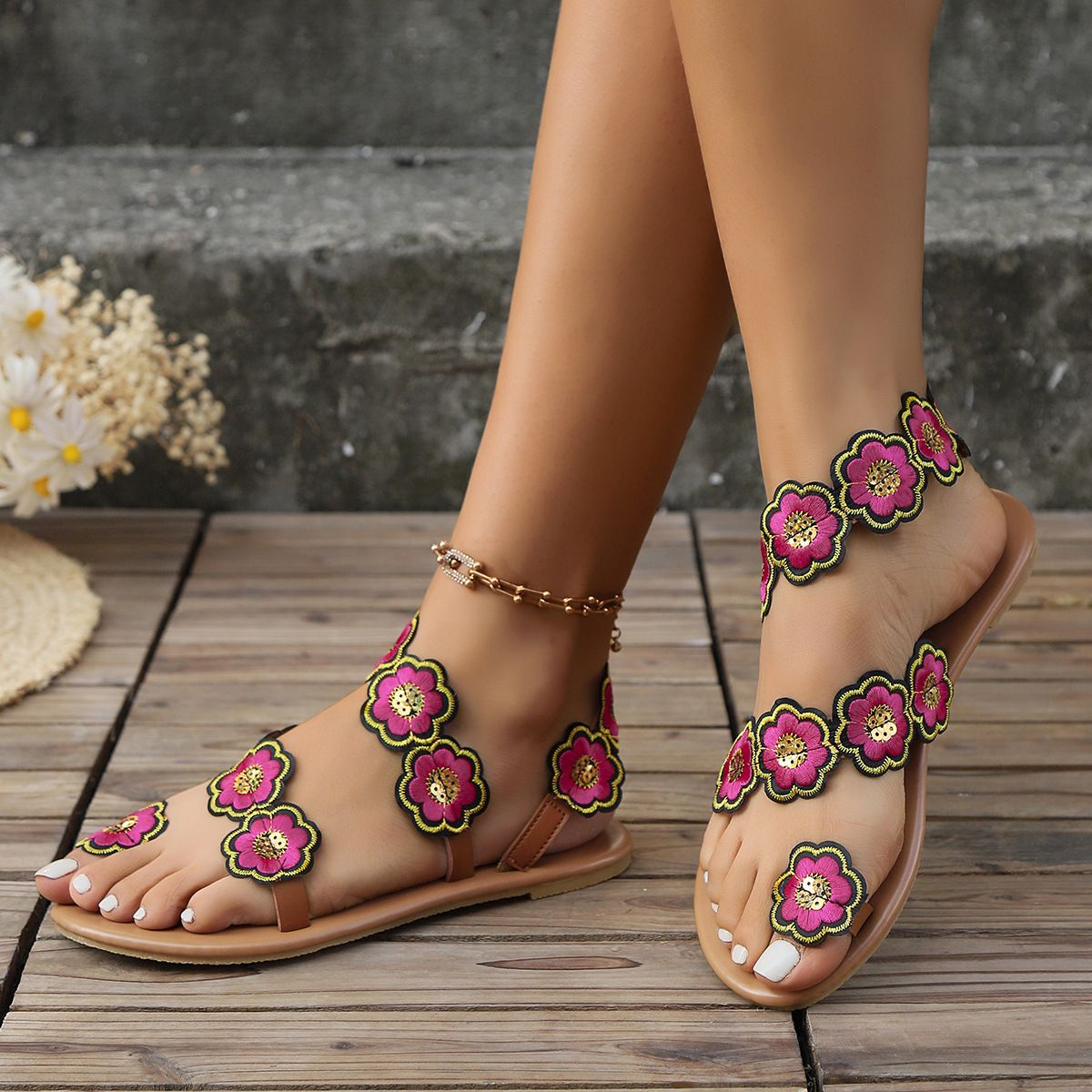 Damenschuhe Römische Ethnische Blume Strand Flache Sandalen Große Größe_voghion.com