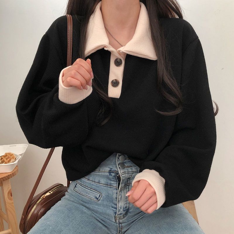 Sudadera con botones y contraste de color para mujer, nueva sudadera clásica con mangas farol y cuello polo, holgada e informal, combina con todo._voghion.com