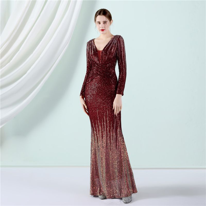 Women's Clothing sequin long sleeved evening dress spring and summer new fashion long sequined dress toasting suit_voghion.com