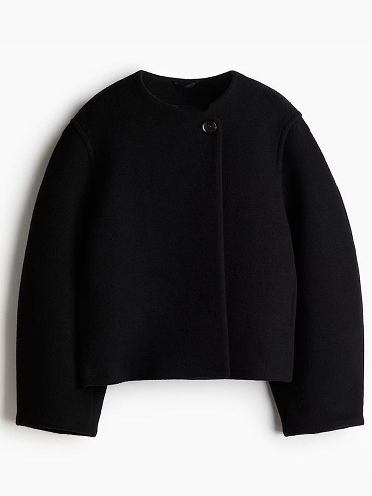 Elegant Single-Button Wool Blend Jacket For Women - Casual Cropped Coat With Round Neck, Long Sleeves - Versatile Fall & Winter Outerwear I_voghion.com