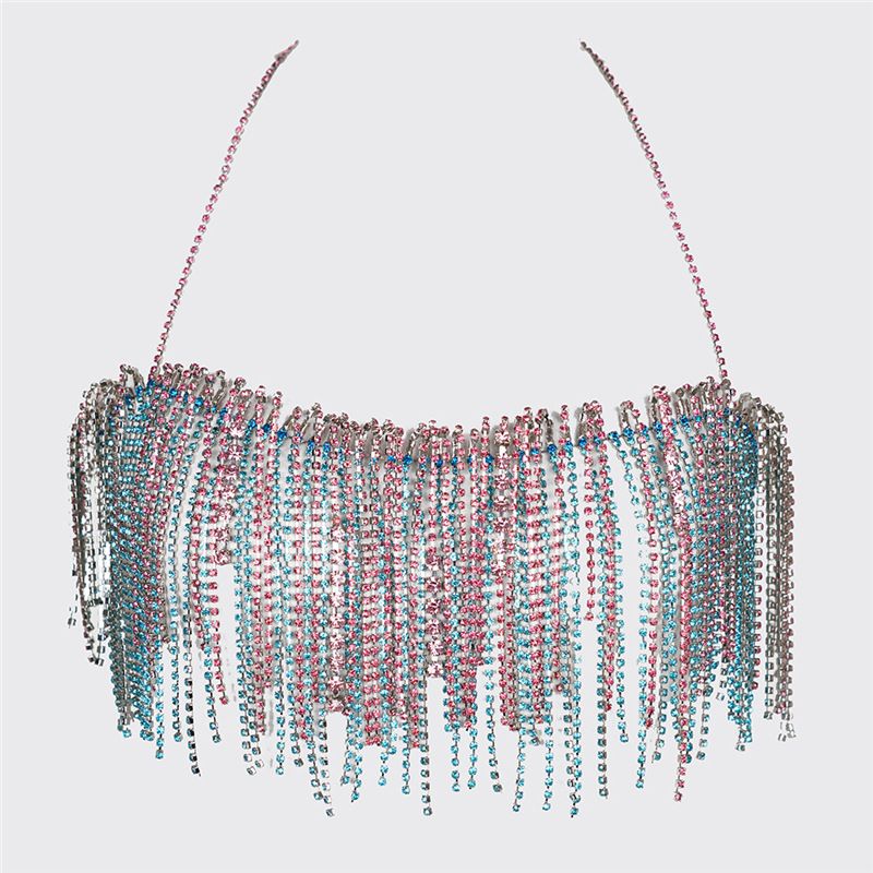 Sujetador con borlas de colores mezclados y diamantes de imitación, estilo club nocturno, moda de reina, cadena superior en el pecho_voghion.com