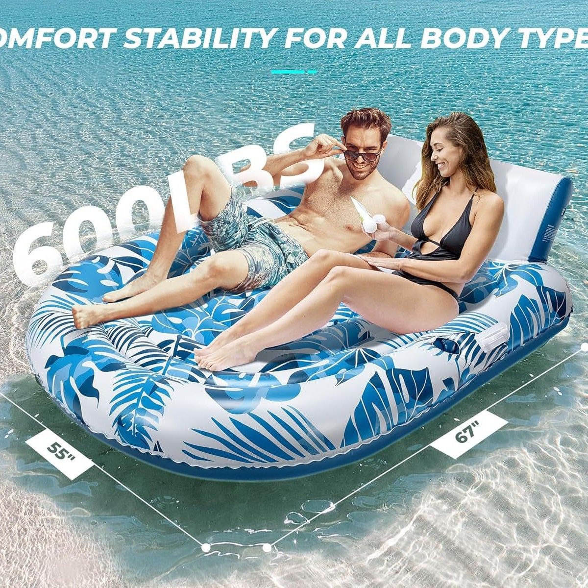 Inflatable Double Lounge Chair Floating Pool Leisure Floating Bed Mesh Backrest Sunshade Lounge Chair Water Bed_voghion.com