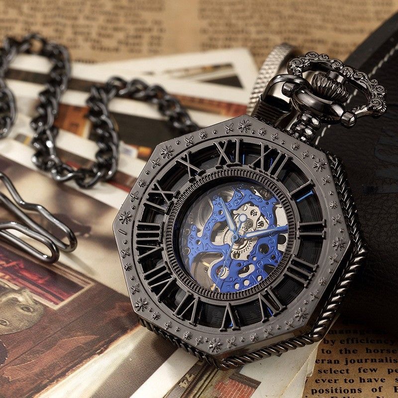Hollow Pocket Watch Engraved Octagonal Mechanical Pocket Watch Retro Roman Blue Figures_voghion.com