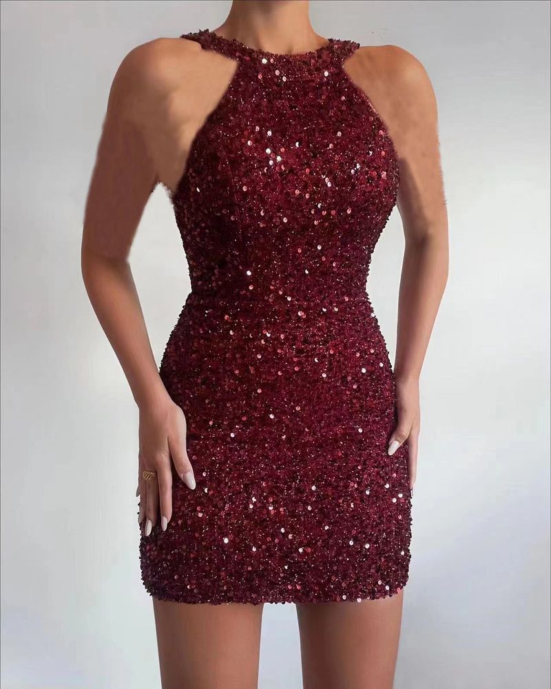 Robe de soirée sexy à paillettes et pampilles en cristal pour femmes, nouvelle mode printemps et été, col licou, taille moyenne_voghion.com