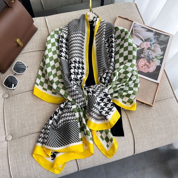 New Women's Thousand Bird Grid Checkered Lijing Forged Thin Shawl Beach Scarf Simulation Silk Neck_voghion.com