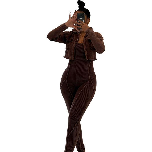 Damenbekleidung Acid Washed Fried Color Distressed Jumpsuit Zweiteiliger Freizeitanzug_voghion.com