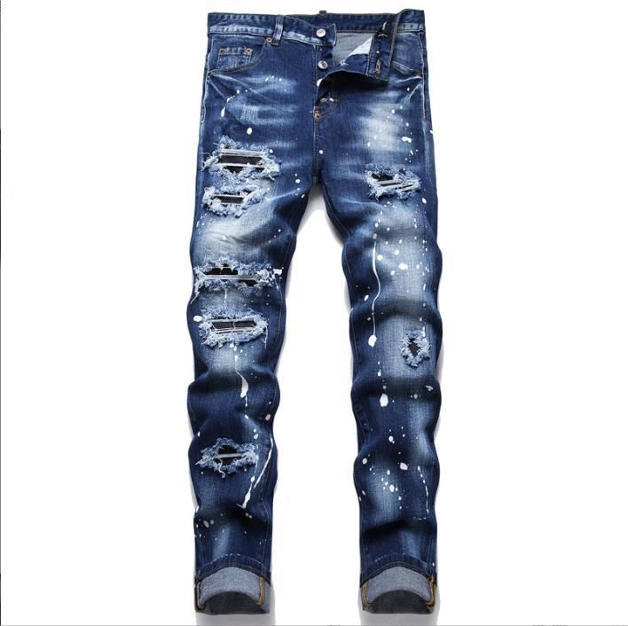 Herren Slim Fit Mid-Rise Distressed Patchwork Jeans – Stretch-Denimhose mit Print-Design für die Freizeit_voghion.com