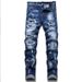 Herren Slim Fit Mid-Rise Distressed Patchwork Jeans – Stretch-Denimhose mit Print-Design für die Freizeit_voghion.com