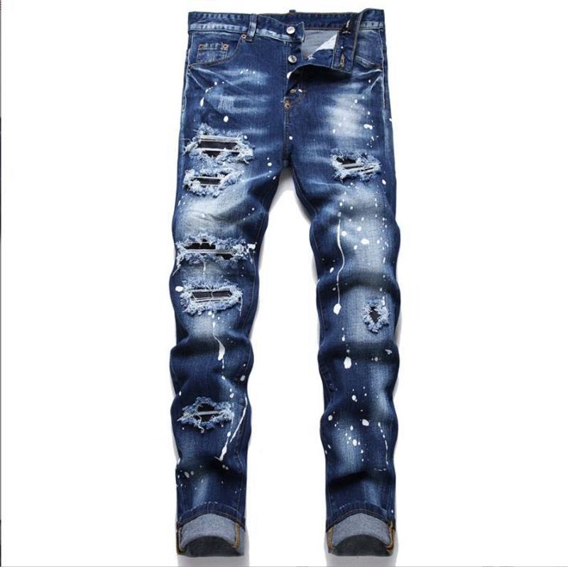 ​​Herren Slim Fit Mid-Rise Distressed Patchwork Jeans – Stretch-Denimhose mit Print-Design für die Freizeit​​_voghion.com