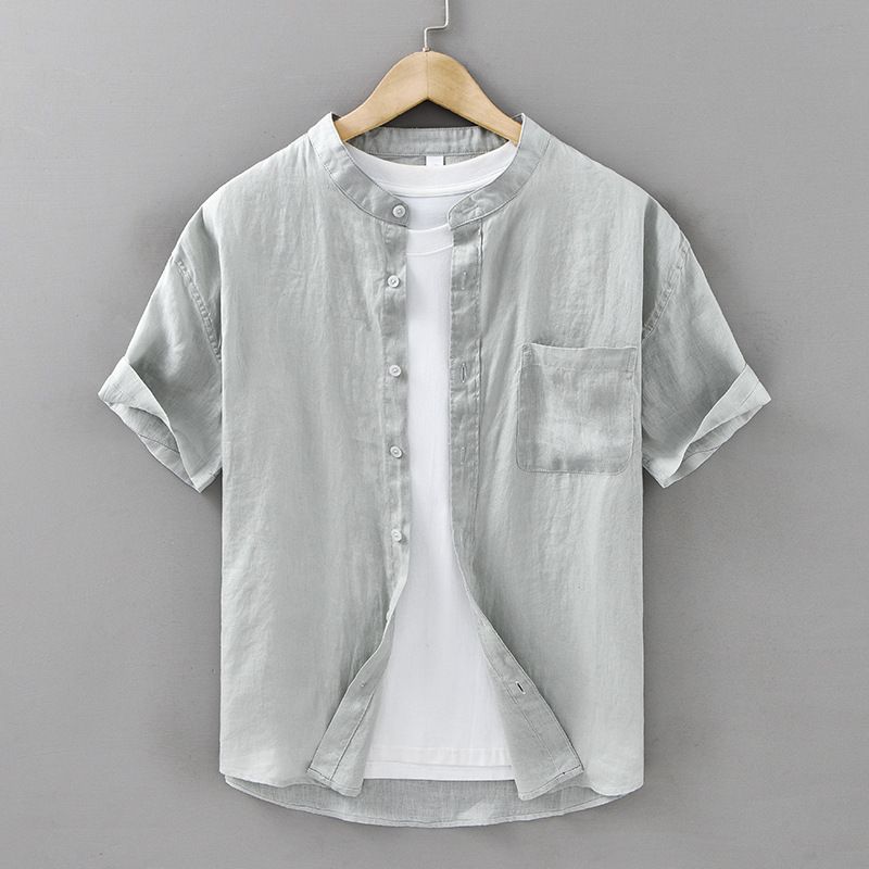 Camicia in puro lino da uomo, a maniche corte, estiva, in lino, stile retrò, casual, con colletto alto._voghion.com