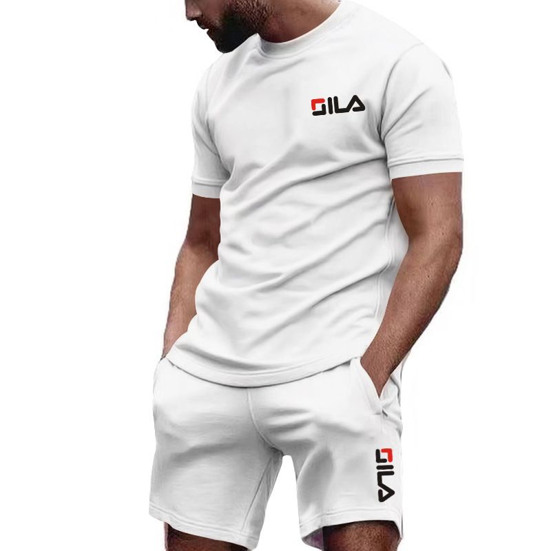 Férfi nyári fitnesz rövid ujjú nadrág szett kerek nyakú póló hétköznapi sport szett_voghion.com