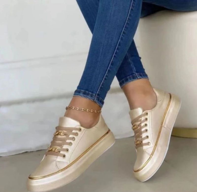 Women's Shoes Thick Bottom Chain Sports Style Low Top Single Shoes For Women Leather Front Lace Up Casual Single Shoes_voghion.com