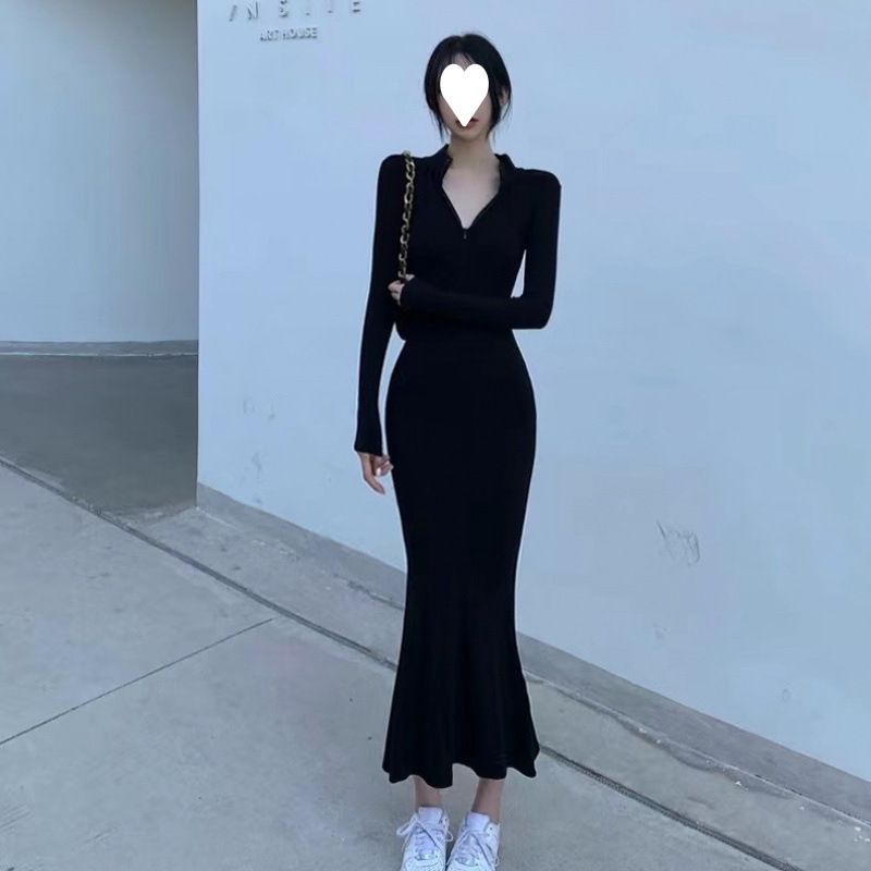 French bag with buttocks, fish tail, polo collar, small black dress, autumn Hepburn style temperament, long sleeved_voghion.com