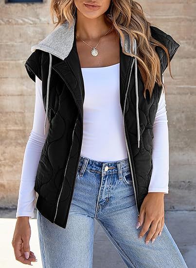 Nouvelle veste sans manches assortie pour femme, style européen et américain, simple et polyvalente, à capuche et cordon de serrage._voghion.com