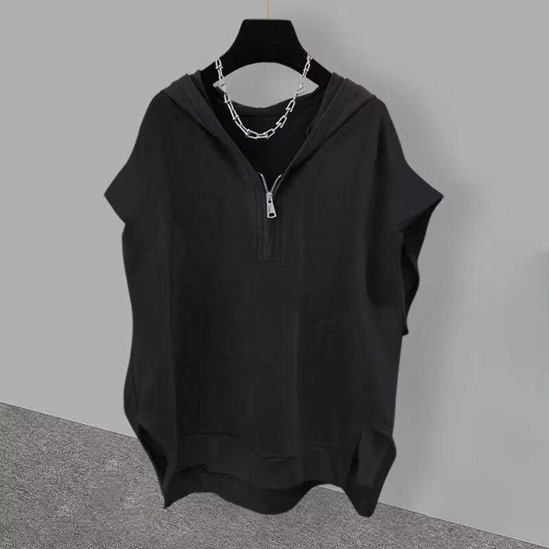 Men’s Streetwear Sleeveless Hoodie Vest – Breathable Cotton Blend, Oversized Fit, Summer Casual (M-3XL, Black/Gray)_voghion.com