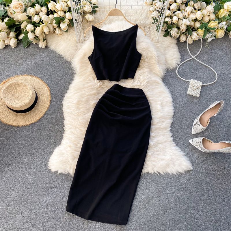 Women's Clothing lady internet celebrity suit solid color round neck vest short top high waist hip wrapped mid length skirt two piece suit_voghion.com