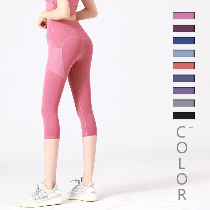Női Capri jóganadrág zsebekkel, varrás nélküli push-up csípőre erősíthető edzőtermi Fiess sportleggings rövidnadrág_voghion.com