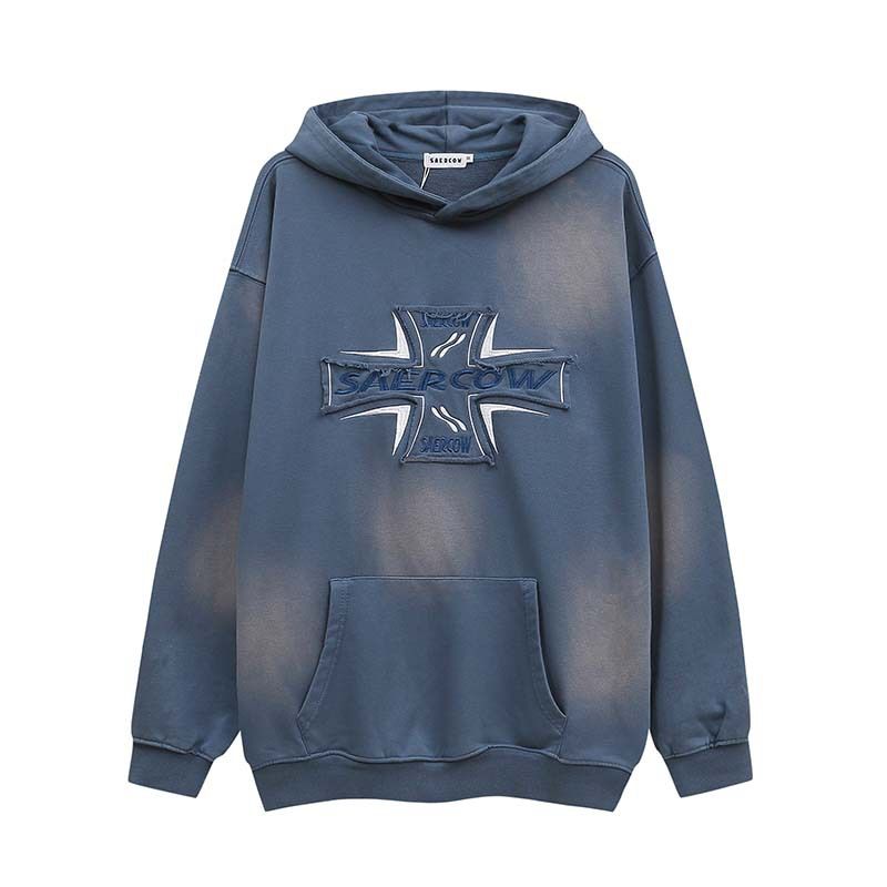 Sweat à capuche pour homme avec motif de broderie de lettres anciennes lavées, style rétro, ample_voghion.com