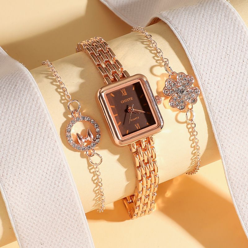 Watch Gift Set Women's Diamond Studded Fashionable Versatile Steel Strap Arabic Numeral Square Watch Flower Bracelet Set Light Luxury_voghion.com
