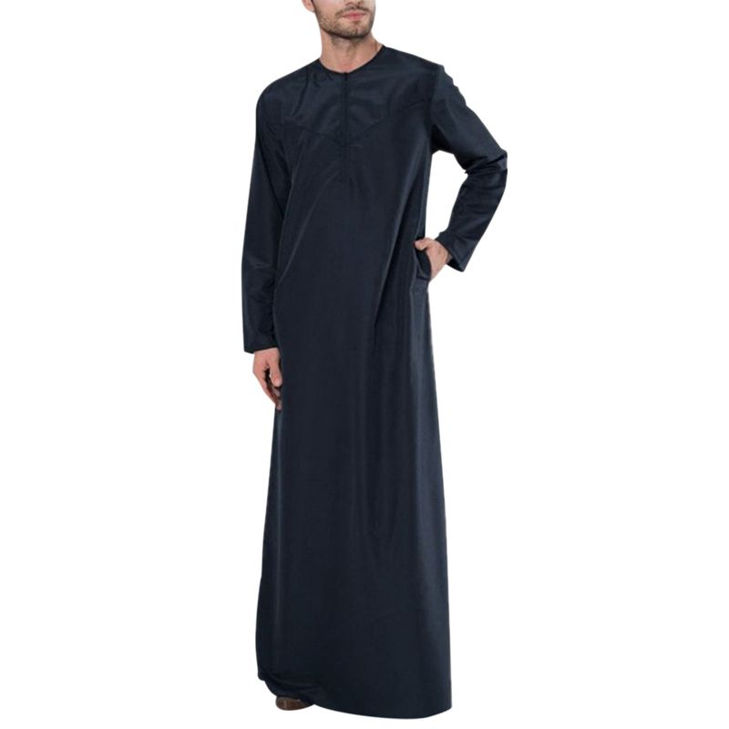 Jubba Thobe musulman couleur unie boutonné kimono robe moyenne chemise musulmane saoudienne col montant caftan arabe islamique hommes_voghion.com