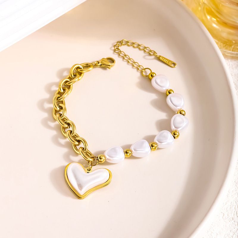 Bracciale in acciaio al titanio con perle irregolari, catena mista, conchiglia bianca, strass, ciondolo rotondo cavo, lussuoso ed elegante_voghion.com
