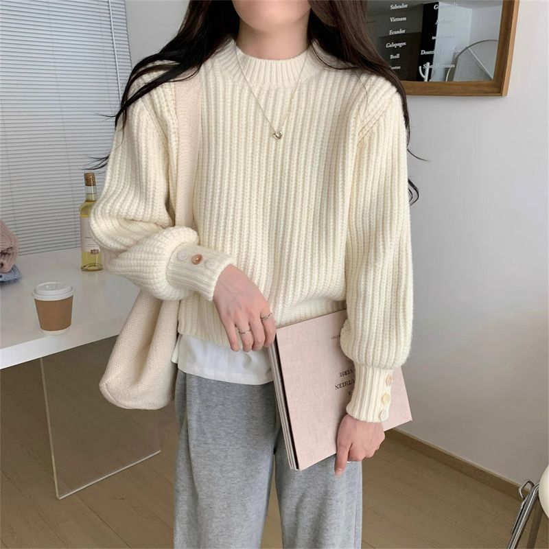 Pull court en tricot style japonais vintage pour femme, ample, surdimensionné, doux et décontracté, à manches longues_voghion.com