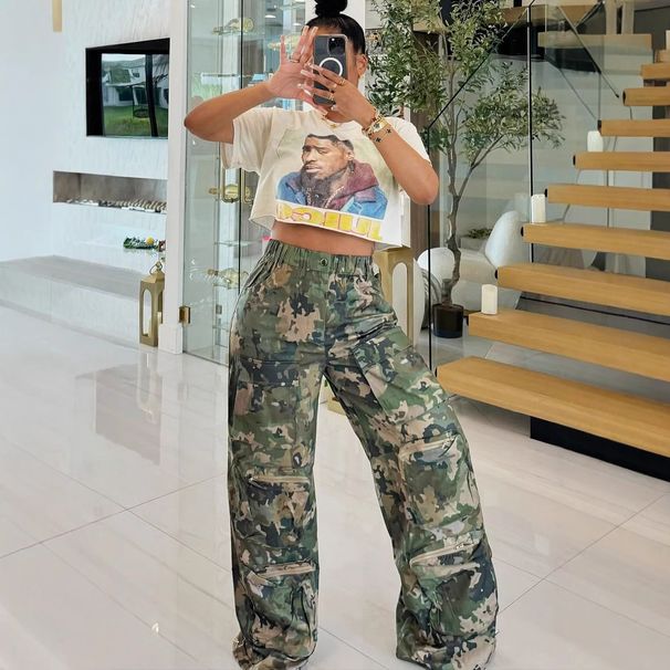 Roupas femininas verão novo camuflagem impressão cintura alta reta solto camuflagem macacão_voghion.com