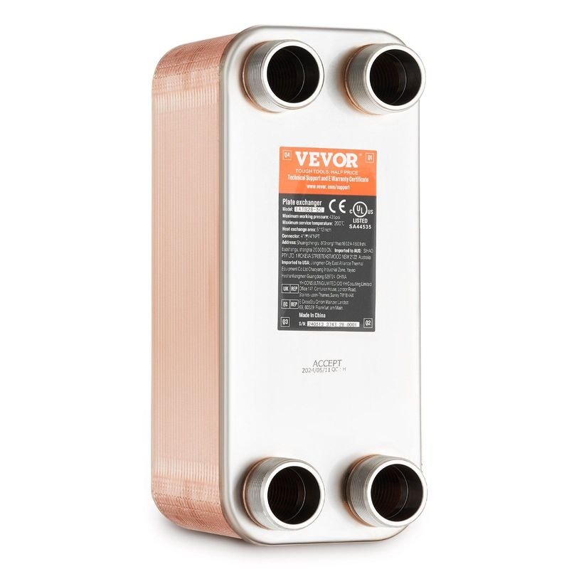 VEVOR Heat Exchanger, 5"x 12" 50 Plates Brazed Plate Heat Exchanger, Copper/316L Stainless Steel Water To Water Heat Exchanger For Floor Heating, Water Heating, Snow Melting, Beer Cooling_voghion.com
