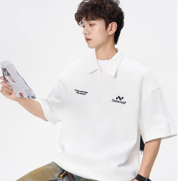 Men's Clothing Half Zipper Short Sleeved T Shirt Men's American College Style Half Zip Short Sleeve T-Shirt, Summer Casual Neck Loose Fit Top_voghion.com