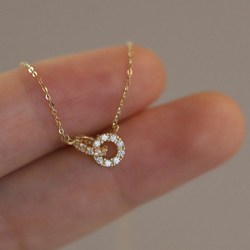 S Halskette aus reinem Silber mit ineinandergreifendem Doppelring, elegant, vergoldet, leicht, luxuriös, High-End, neuer Ins-Stil, Schlüsselbein für Damen_voghion.com