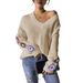 Autumn Winter Women's Top Random Mixed Color Hand Crocheted Patchwork V-Neck Pullover Loose Casual Sweater 675_voghion.com
