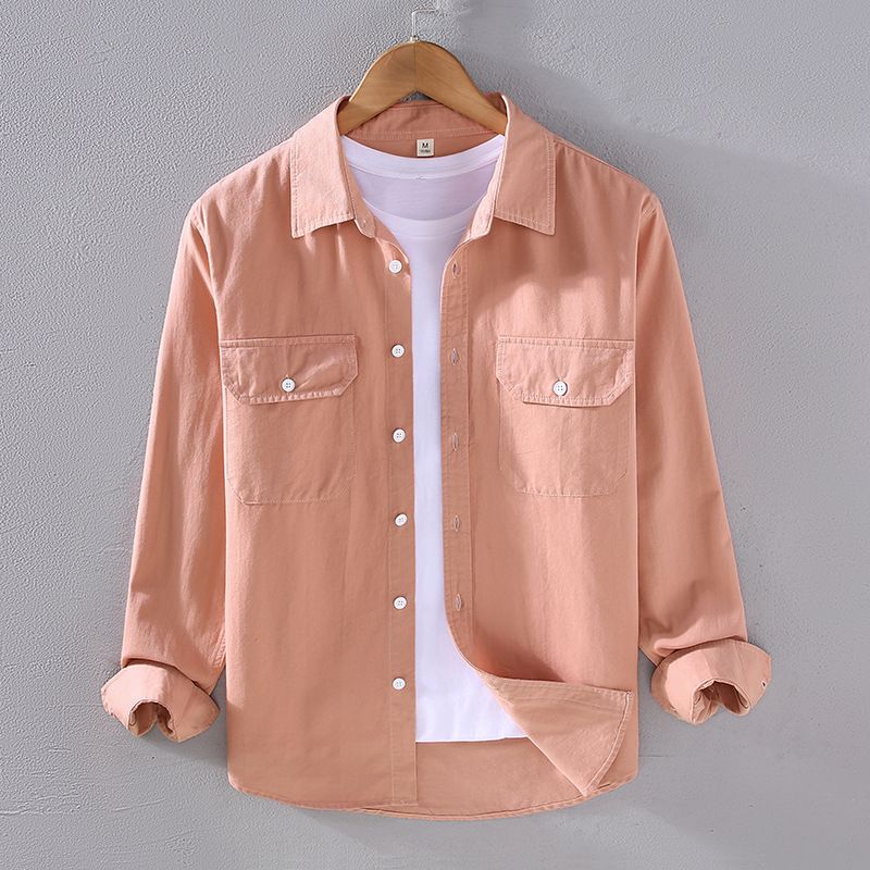 2305 Trendy American Pure Cotton Herren Frühling und Herbst Twill Stoff Textur Langarm Workwear Pocket Inch Shirt_voghion.com