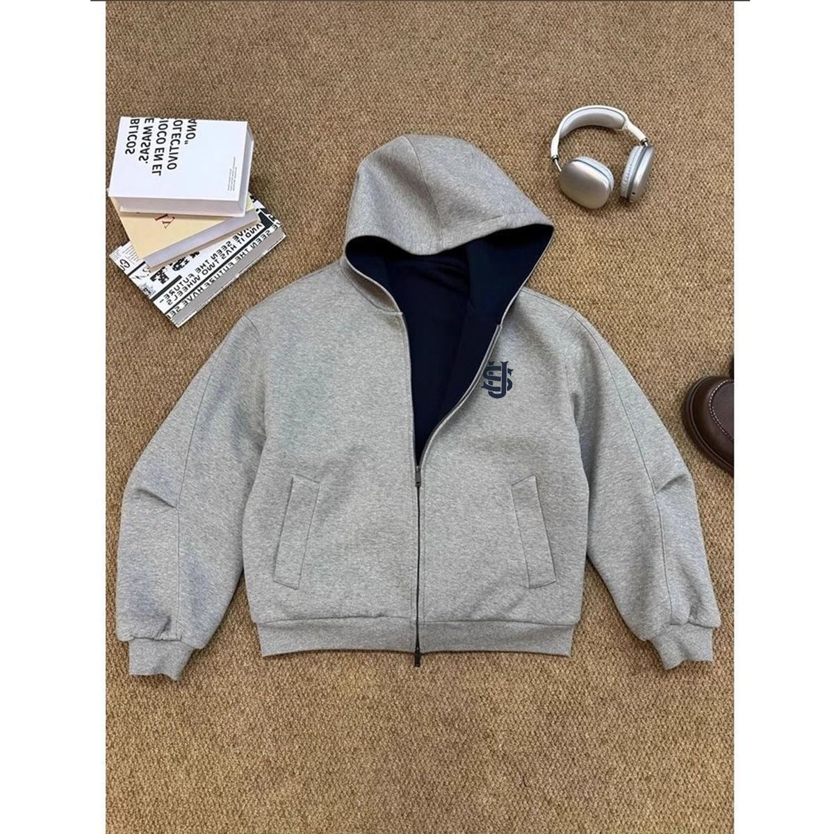 Men's Casual Hooded Sweatshirt With Double Zipper & Space Print – Oversized Streetwear Pullover, Soft Cotton Blend, Unisex Fashion (Gray, M-3XL)_voghion.com