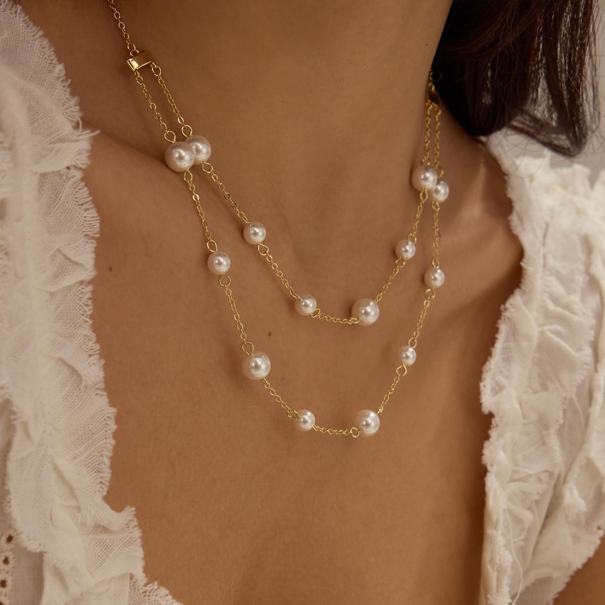 Messing Echtgold Galvanik Modische Einfache Perlenkette Schlüsselbeinkette Doppellagige Stapelbare Perlenkette Im Retro Stil Für Damen_voghion.com