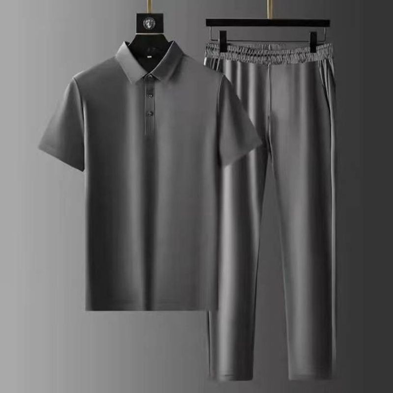 2 Teile/satz Herren Sets Kurzarm Nahtlose Casual Gerade Lose Sommer Breite Bein Top Hosen Set Männer Trainingsanzug_voghion.com