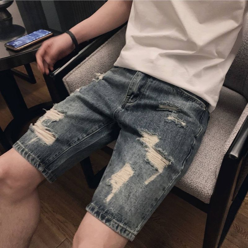 Men's Clothing Ripped Denim Shorts Men's Summer Casual Five Point Pants Internet Celebrity Trendy Brand Loose Straight Beggar Pants_voghion.com