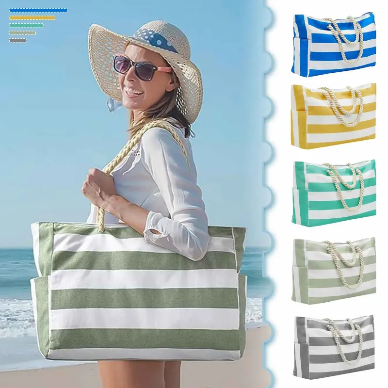 Ladies Bag: Striped Canvas & Polyester Extra Large Travel Tote, Waterproof Beach Bag With Zipper, Ideal For Seaside_voghion.com