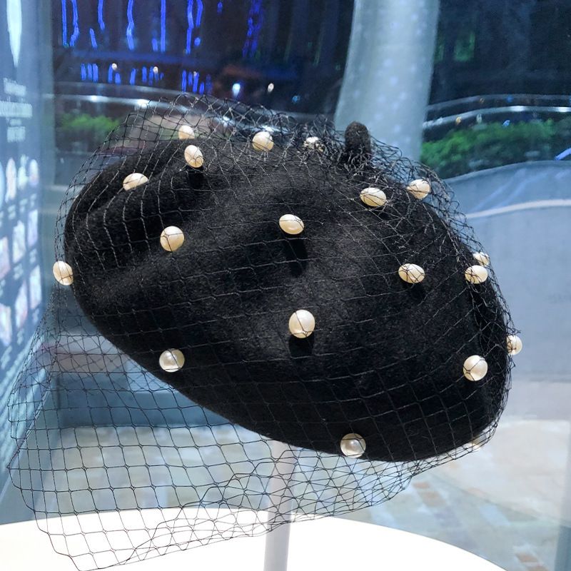 Karšto išpardavimo stilingas vilnos mišinys vintažinis Londonas su šydu, tinkleliu, dvigubo sluoksnio moteriškos beretės, kepurės, kepurės, Gorro, skirtos moterų banketams._voghion.com