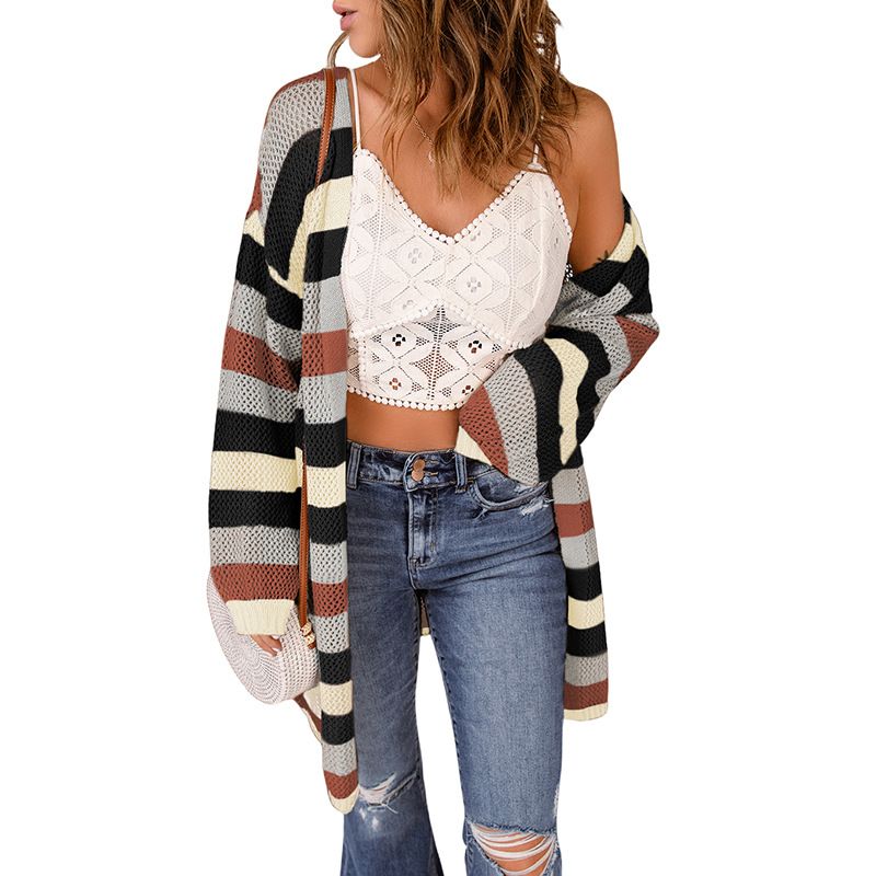 Abbigliamento donna cardigan giacca maglione abbigliamento donna strisce colore contrasto maniche lunghe_voghion.com