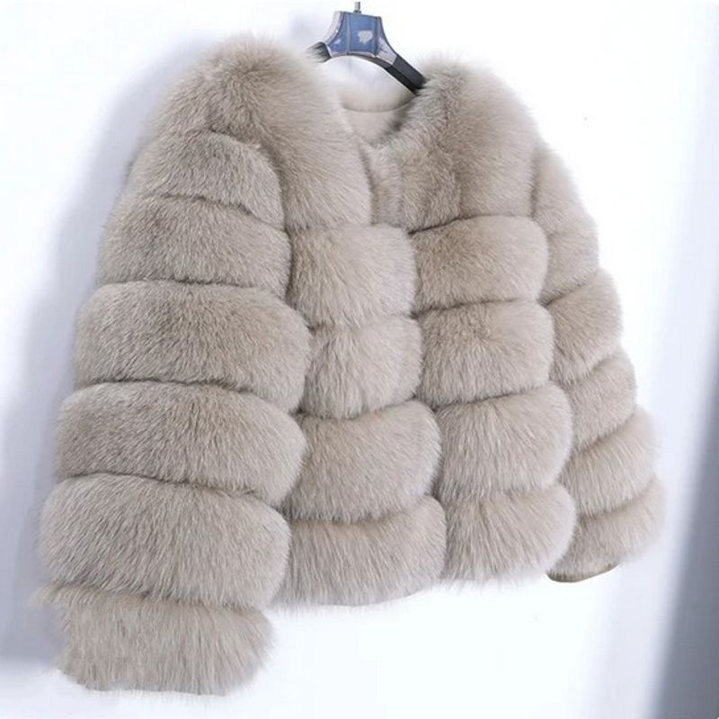 Damen Pelzmantel Nachahmung Fuchspelz Spleißen Wintermantel Dicker warmer Langarm Kurzpelzmantel_voghion.com